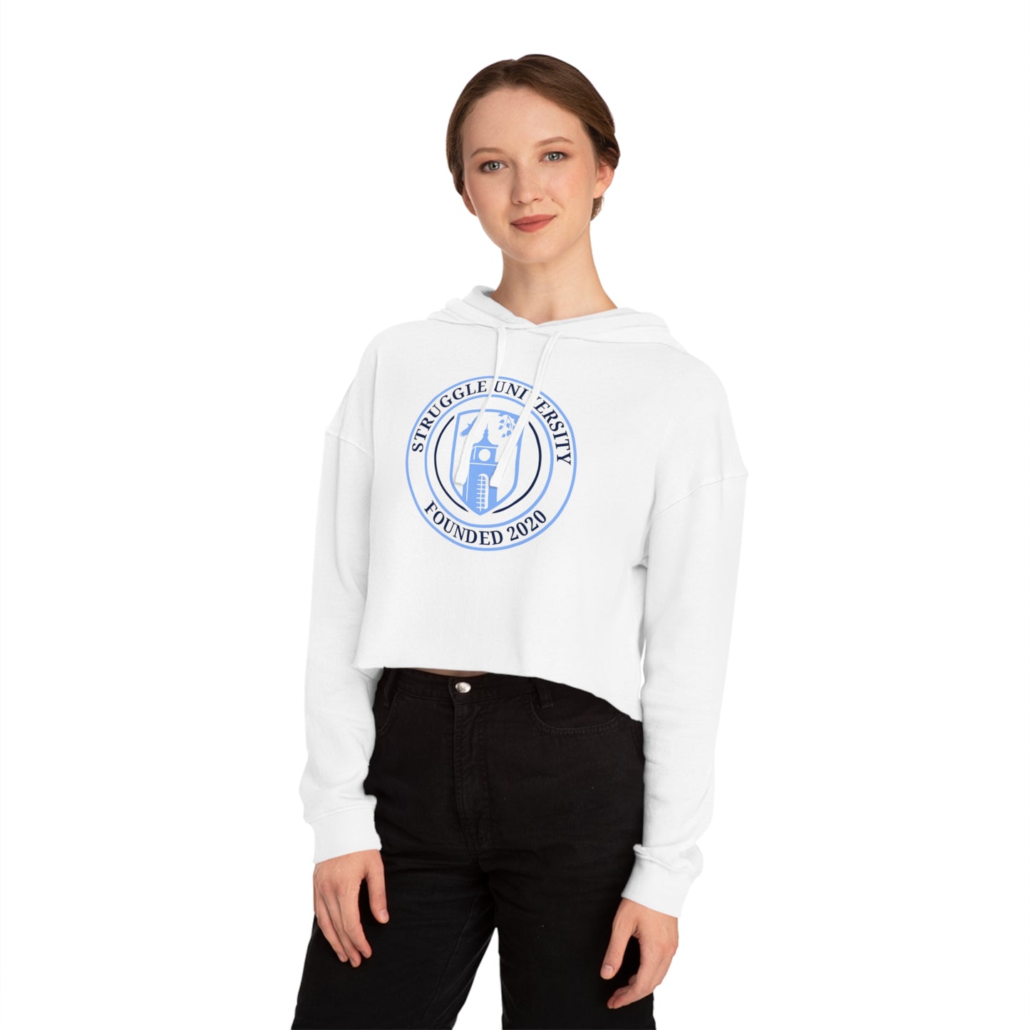Cropped Hooded Sweatshirt with Struggle University Design, Trendy Comfort, Gift for College Students, Casual Wear, Spring Style